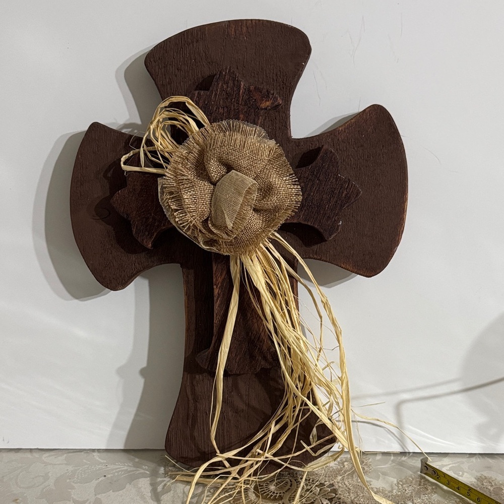Rustic Brown Wooden Cross with Burlap Flower - Picture 2 of 6